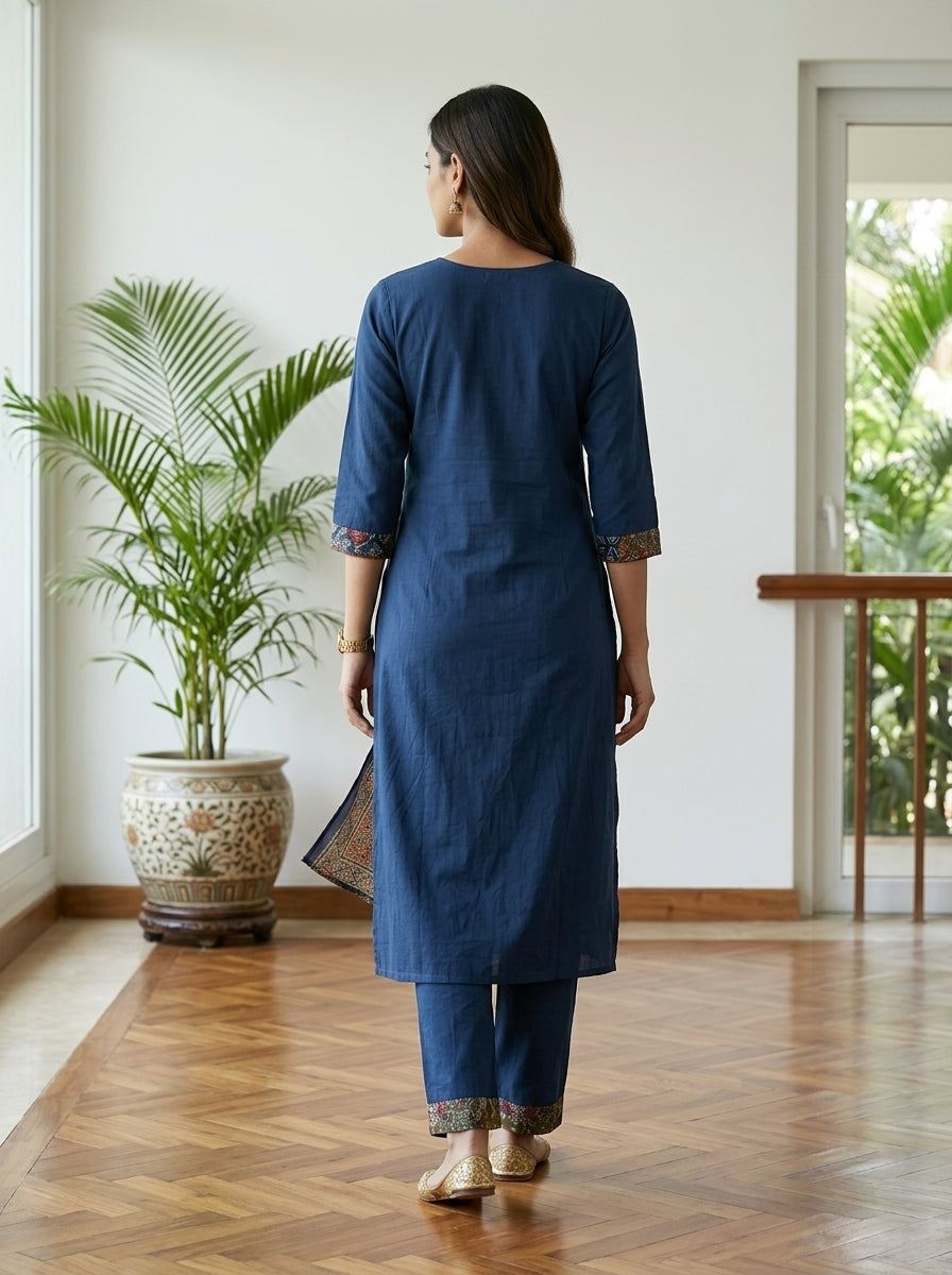 Blue Cotton Kurta Pant Set with Dupatta-800282