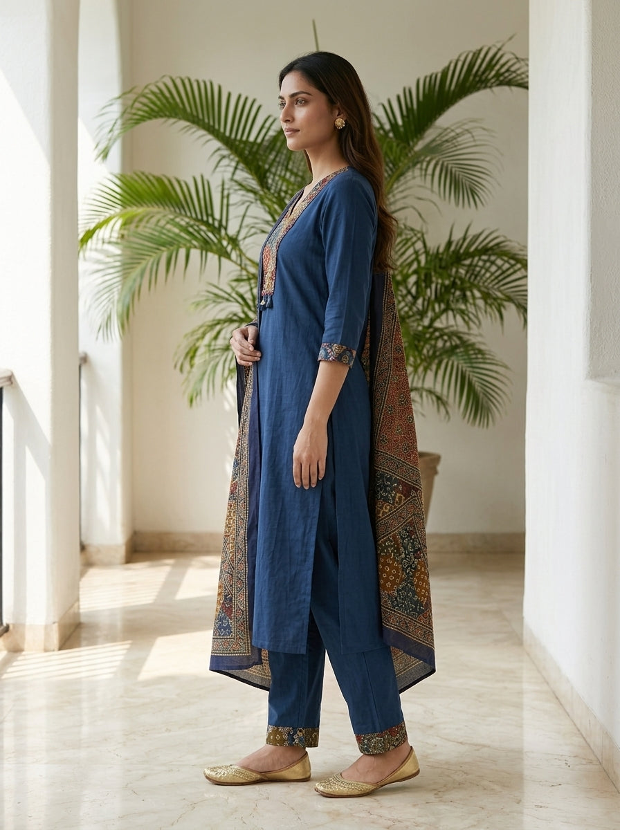 Blue Cotton Kurta Pant Set with Dupatta-800282