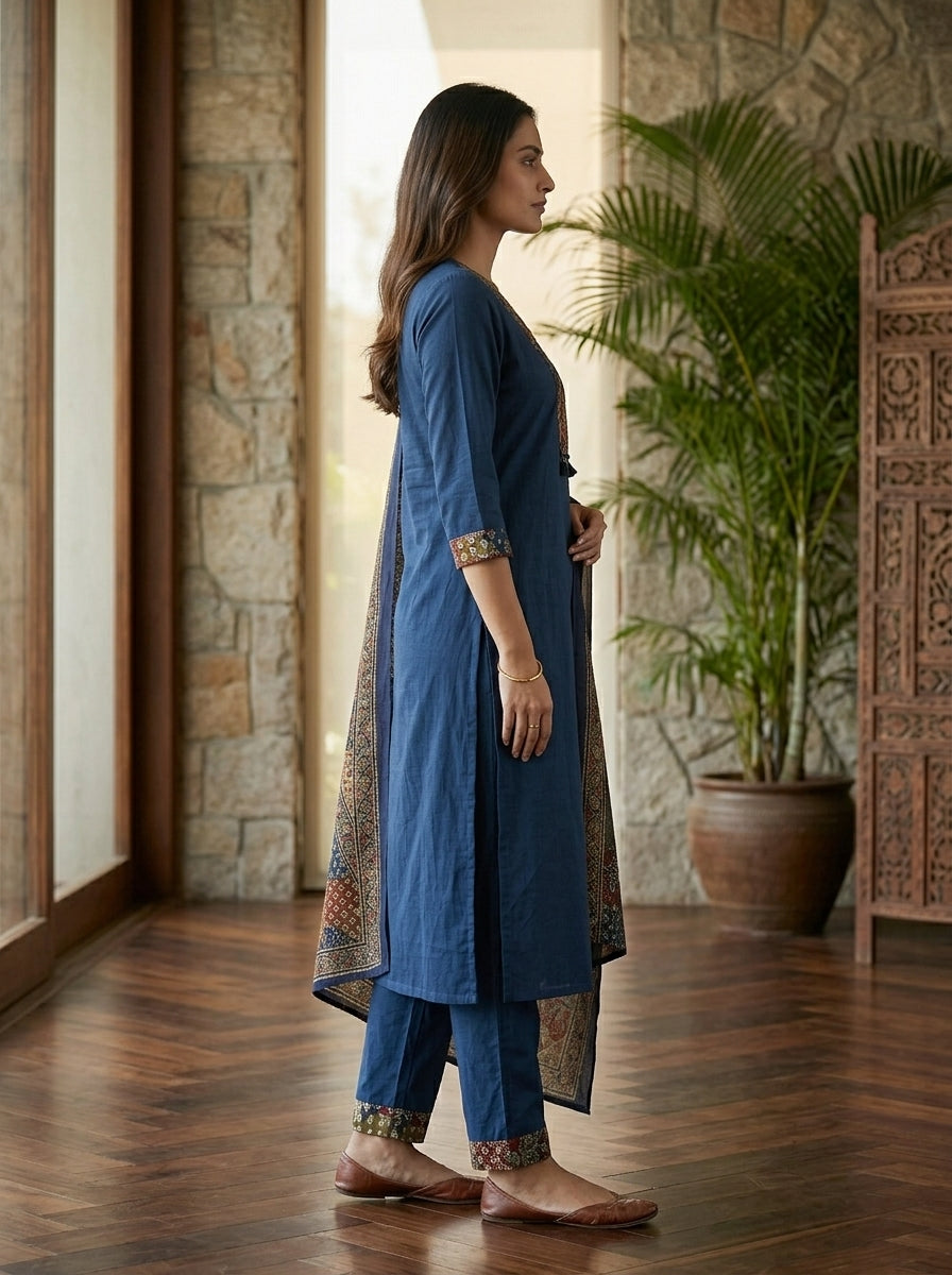 Blue Cotton Kurta Pant Set with Dupatta-800282