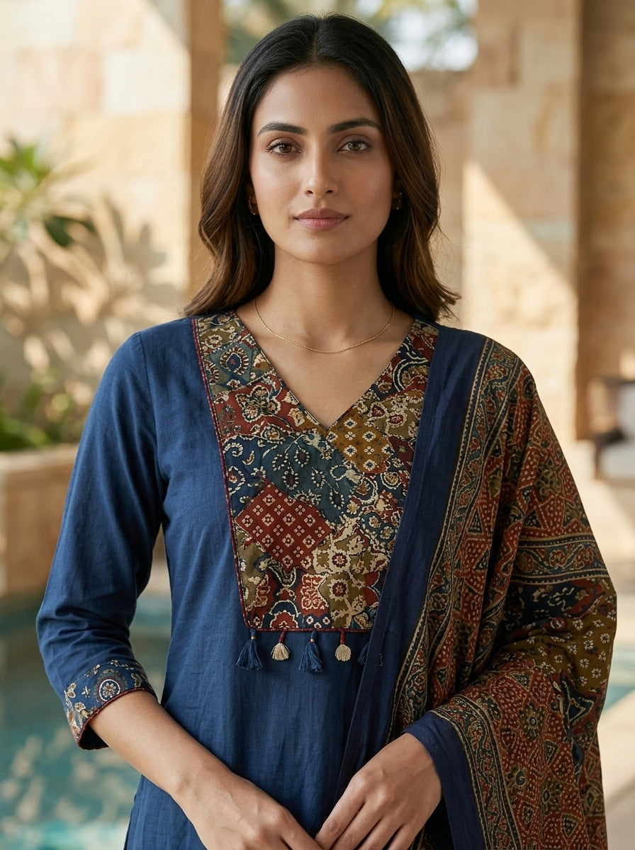 Blue Cotton Kurta Pant Set with Dupatta-800282