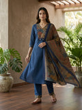 Blue Cotton Kurta Pant Set with Dupatta-800282