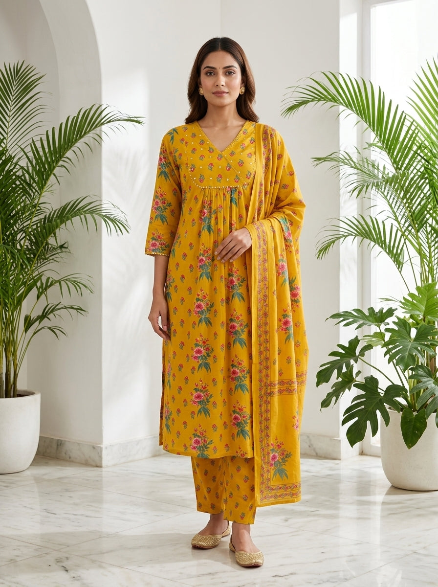Yellow Cotton Kurta Pant Set with Dupatta-800291