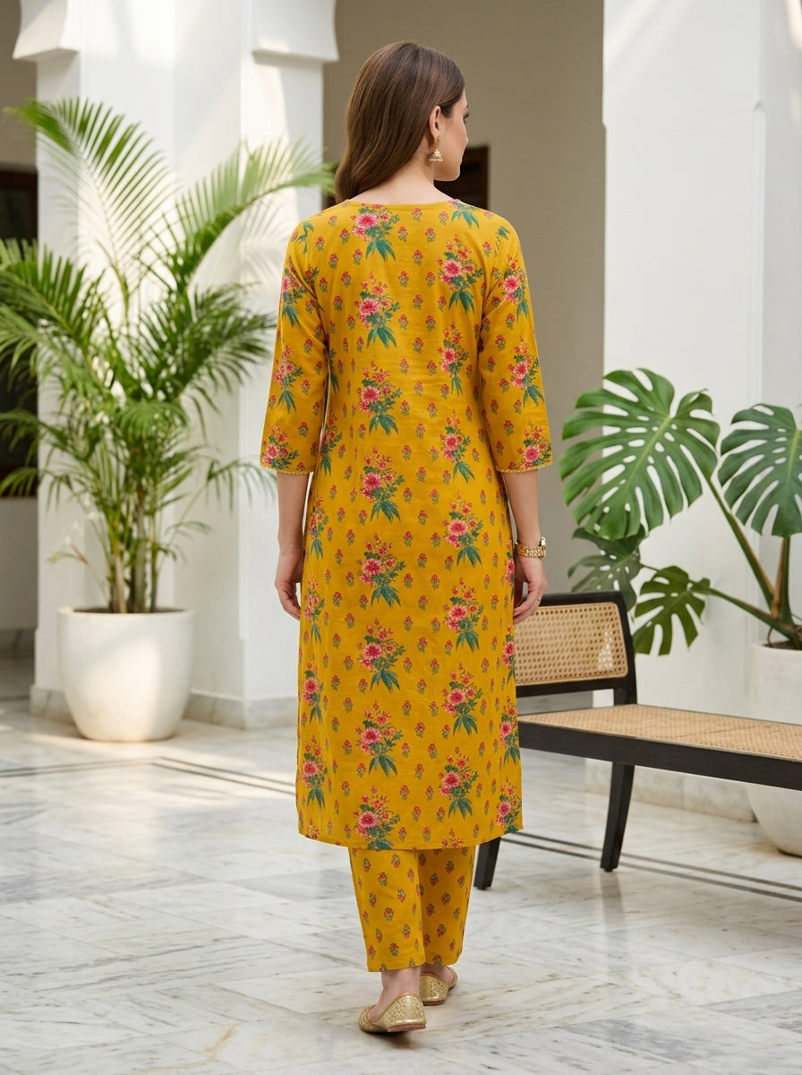Yellow Cotton Kurta Pant Set with Dupatta-800291