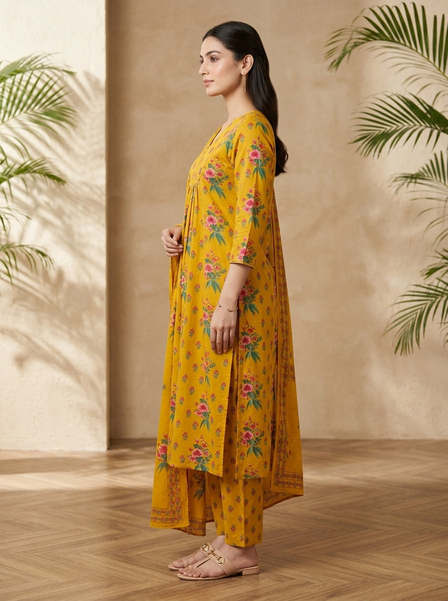 Yellow Cotton Kurta Pant Set with Dupatta-800291