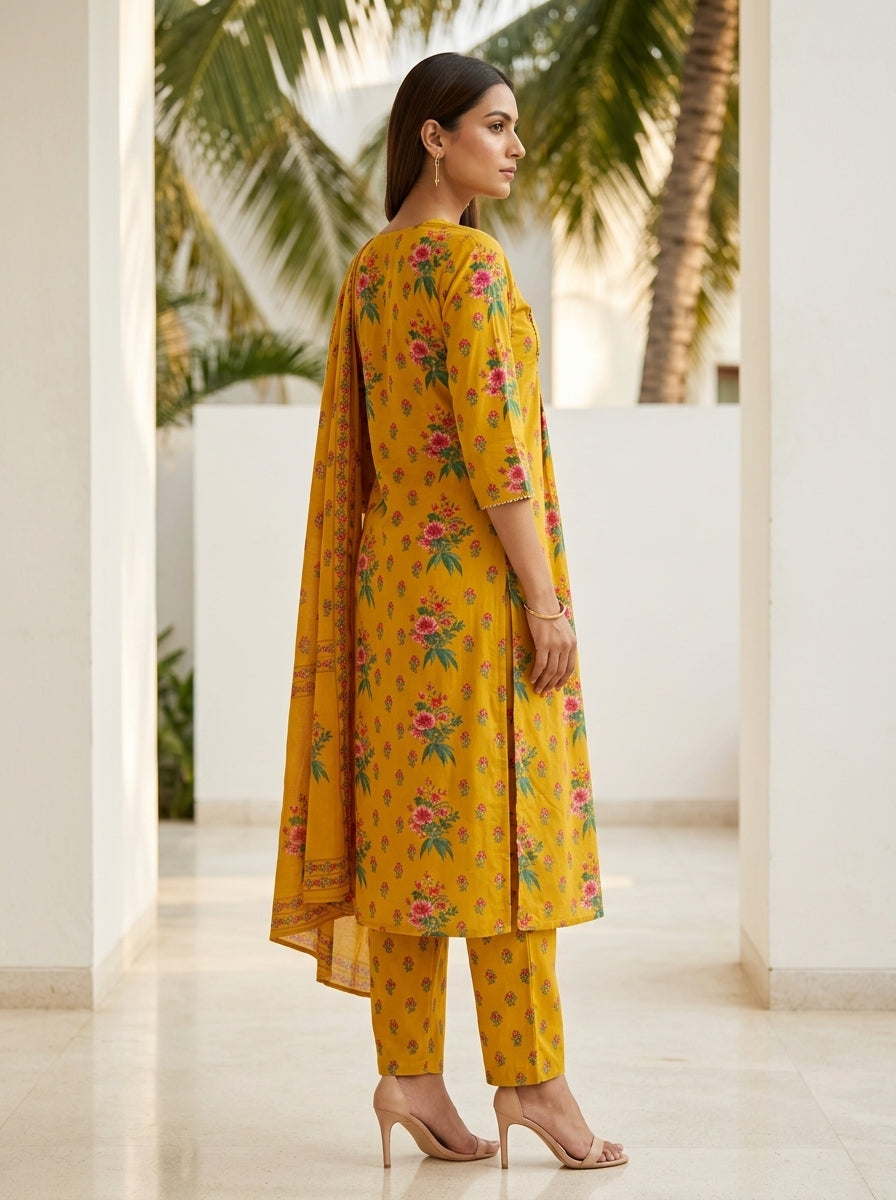 Yellow Cotton Kurta Pant Set with Dupatta-800291