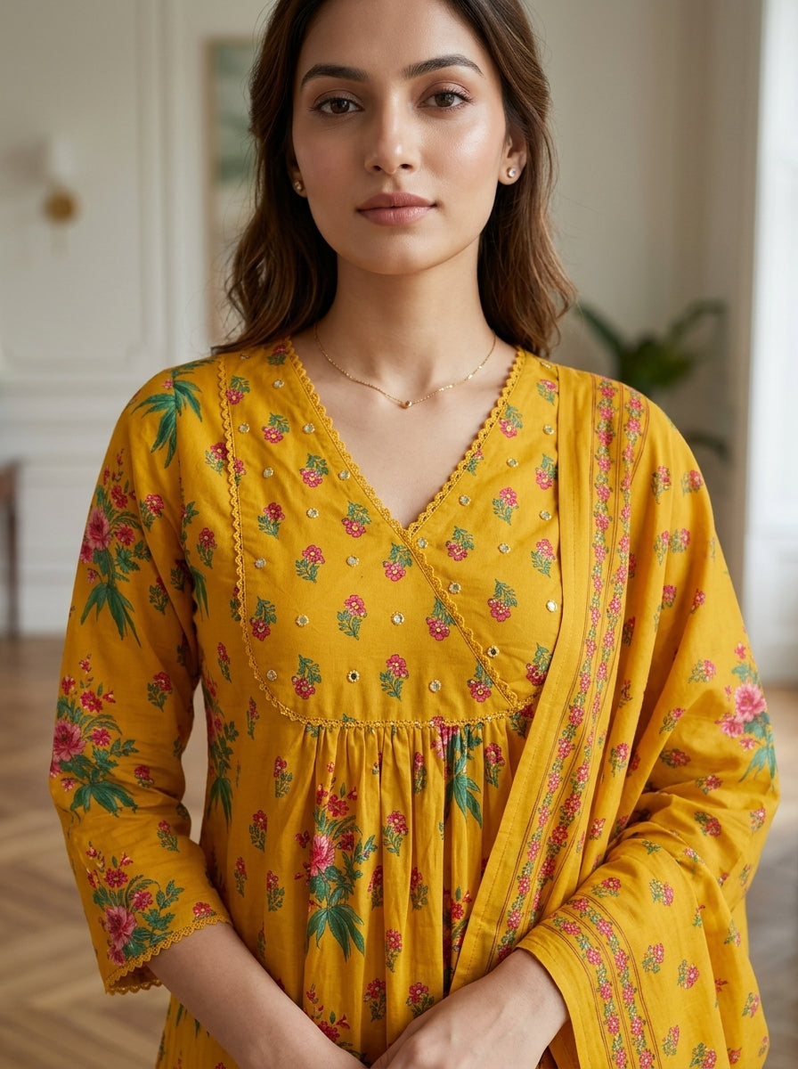 Yellow Cotton Kurta Pant Set with Dupatta-800291
