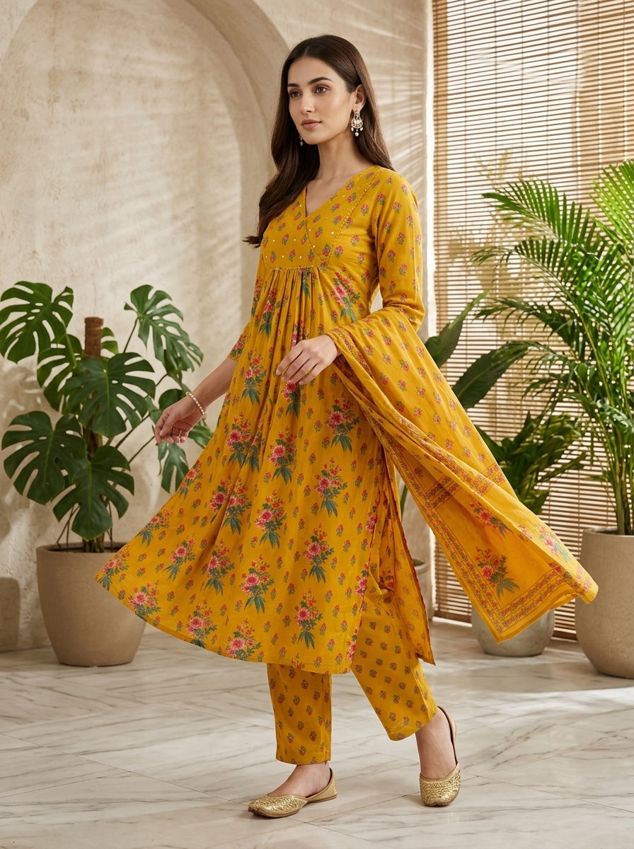 Yellow Cotton Kurta Pant Set with Dupatta-800291