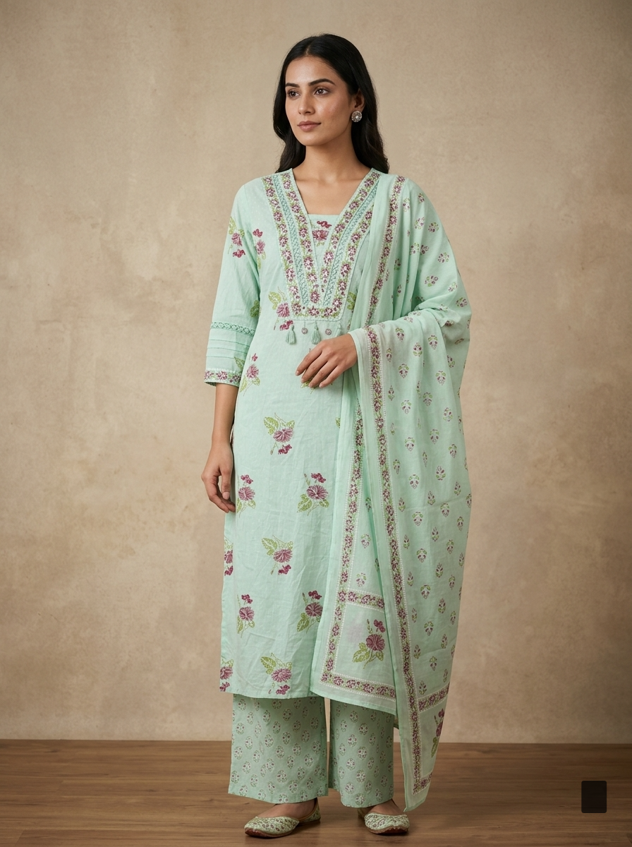 Mint Green Cotton Kurta Pant Set with Dupatta-800297