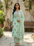 Mint Green Cotton Kurta Pant Set with Dupatta-800297