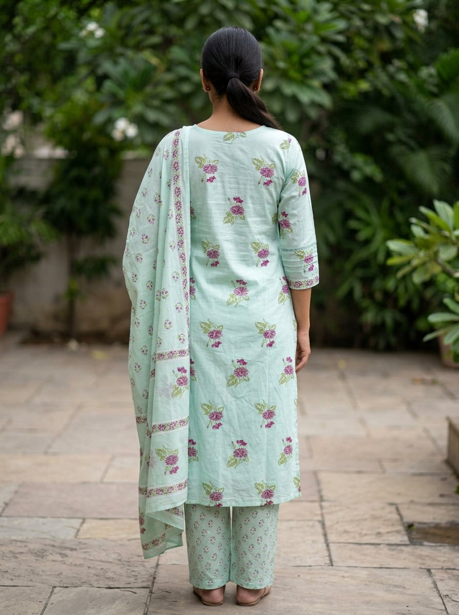 Mint Green Cotton Kurta Pant Set with Dupatta-800297