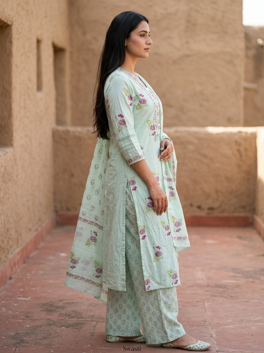 Mint Green Cotton Kurta Pant Set with Dupatta-800297