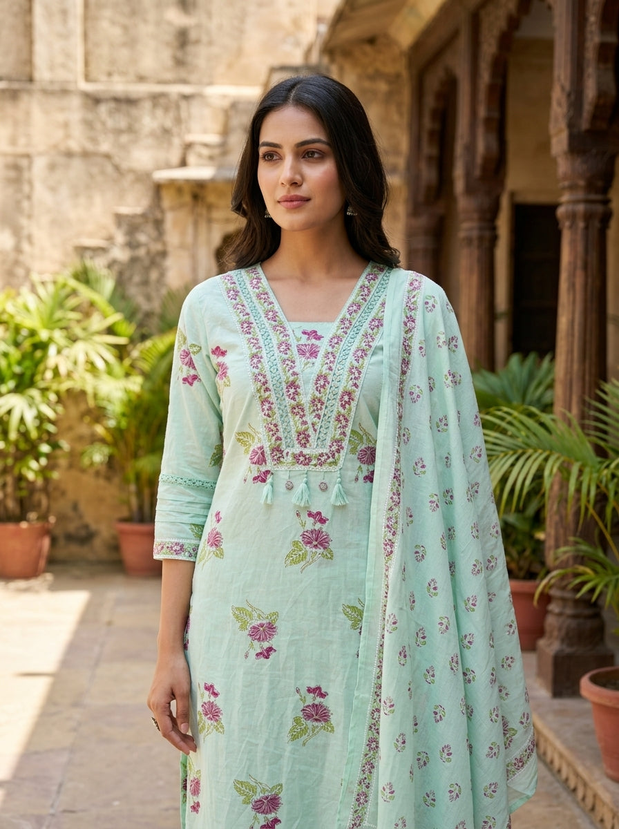 Mint Green Cotton Kurta Pant Set with Dupatta-800297