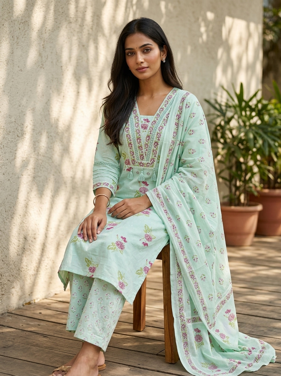 Mint Green Cotton Kurta Pant Set with Dupatta-800297