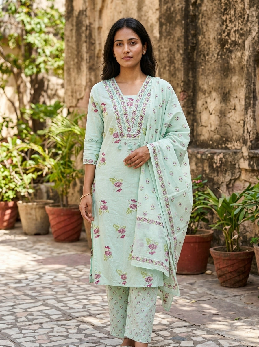 Mint Green Cotton Kurta Pant Set with Dupatta-800297