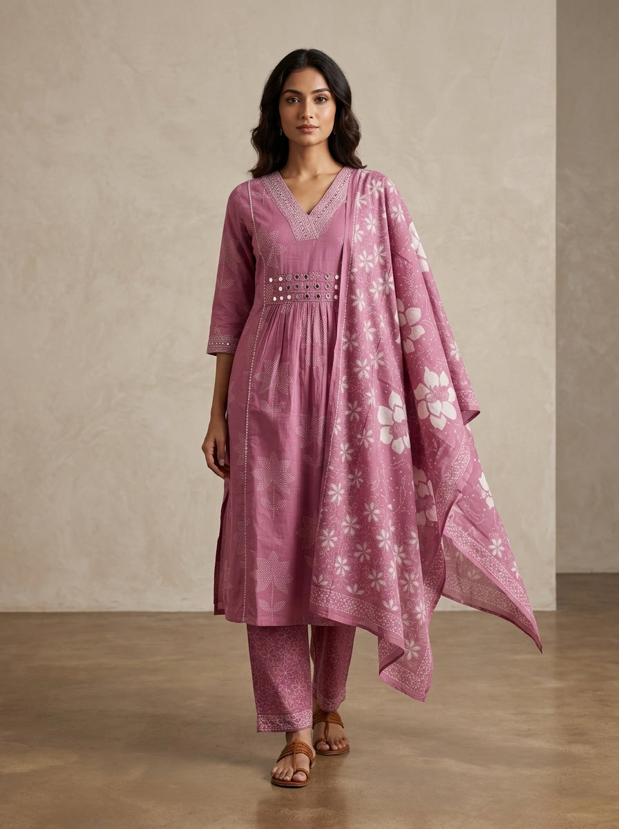 Purple Cotton Kurta Pant Set with Dupatta-800299