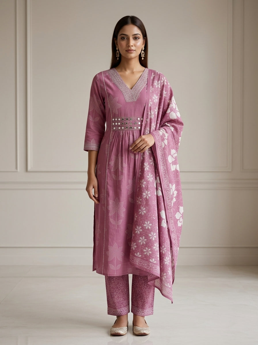Purple Cotton Kurta Pant Set with Dupatta-800299