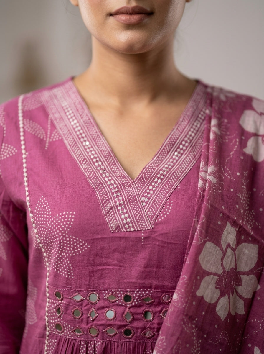Purple Cotton Kurta Pant Set with Dupatta-800299
