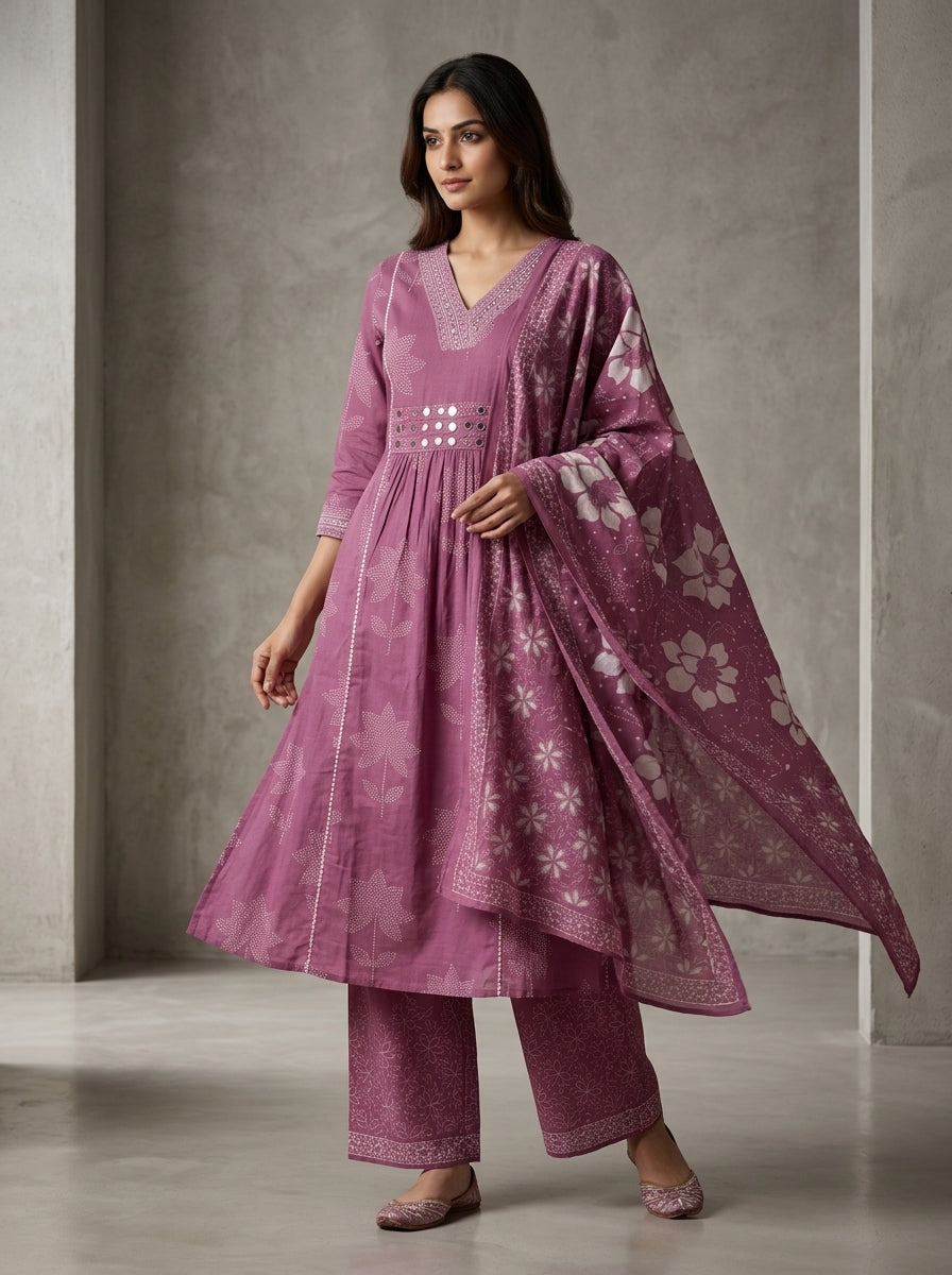 Purple Cotton Kurta Pant Set with Dupatta-800299