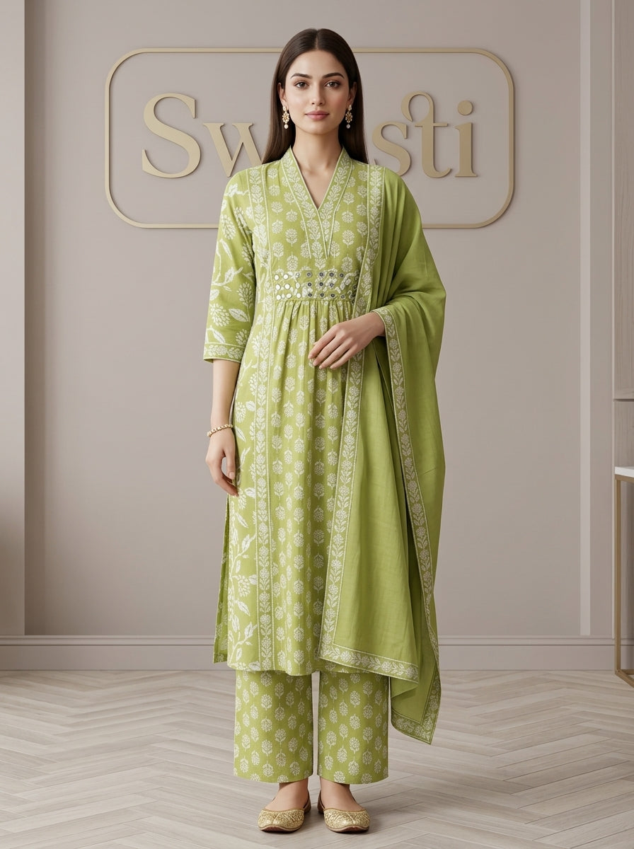 Green Cotton Kurta Pant Set with Dupatta-800300