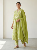 Green Cotton Kurta Pant Set with Dupatta-800300