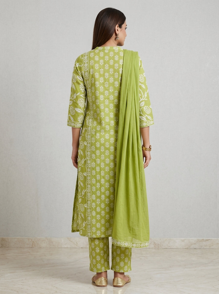 Green Cotton Kurta Pant Set with Dupatta-800300