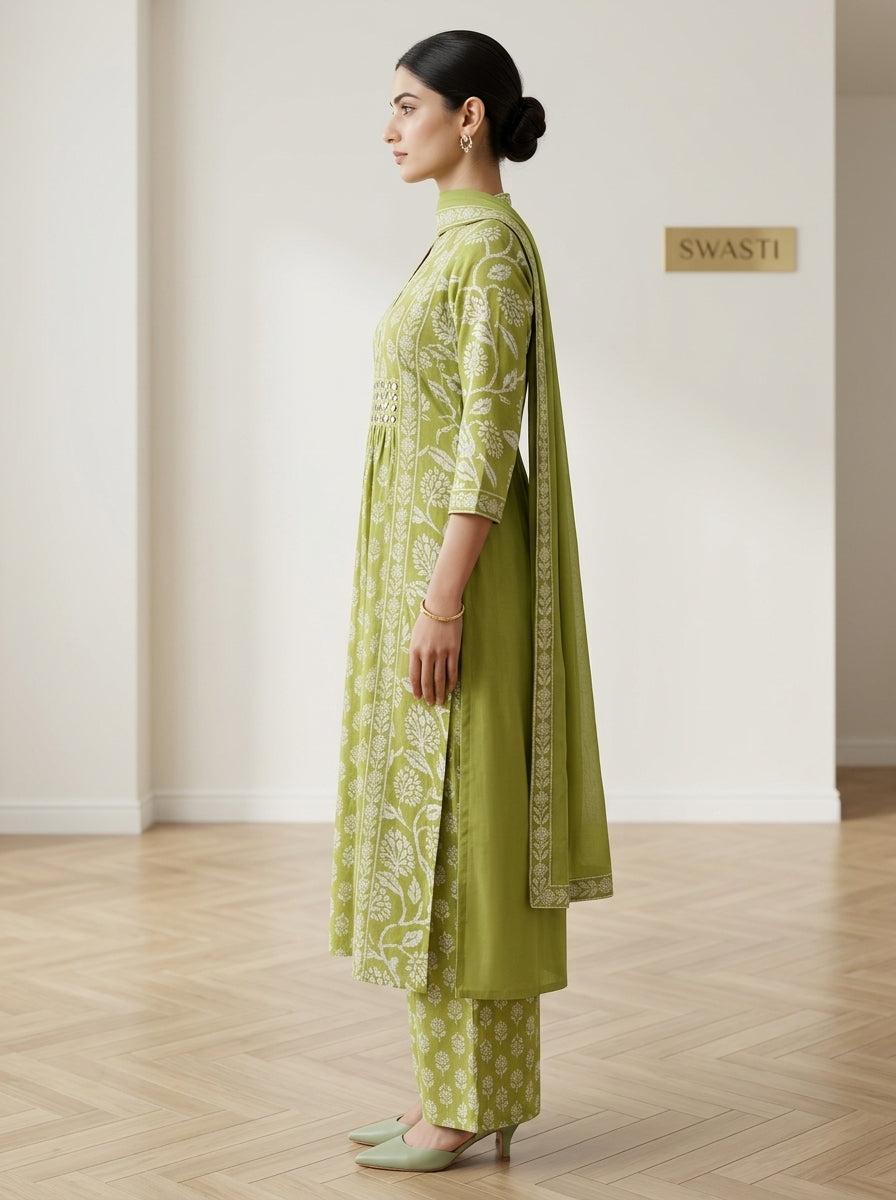 Green Cotton Kurta Pant Set with Dupatta-800300
