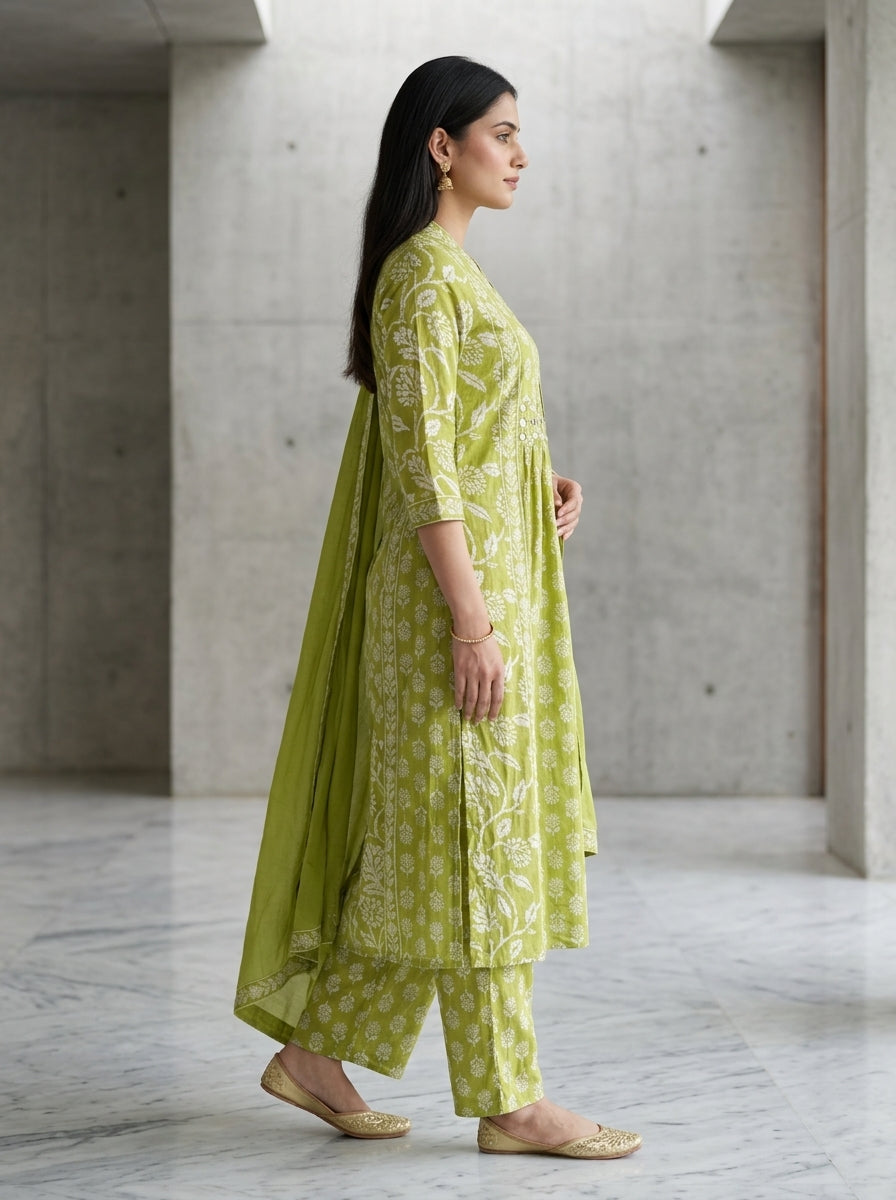 Green Cotton Kurta Pant Set with Dupatta-800300