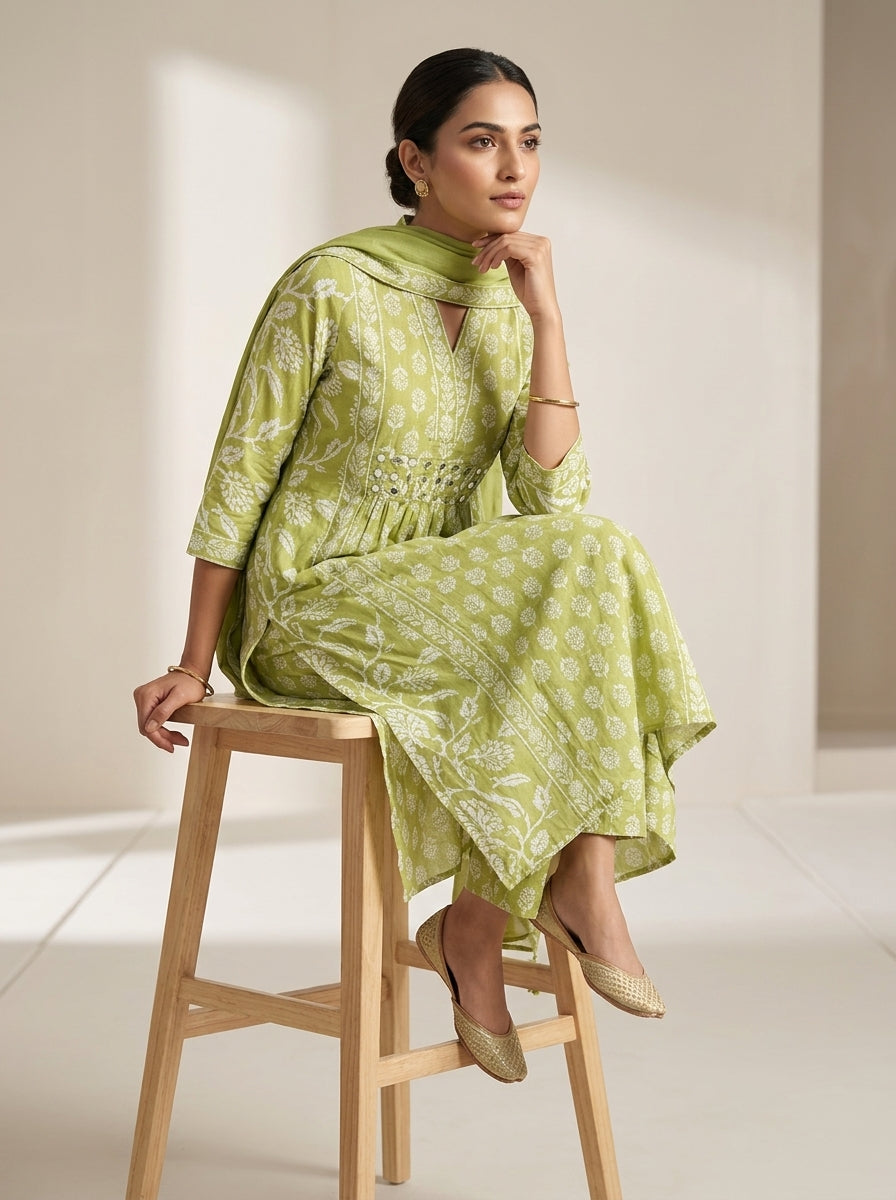 Green Cotton Kurta Pant Set with Dupatta-800300