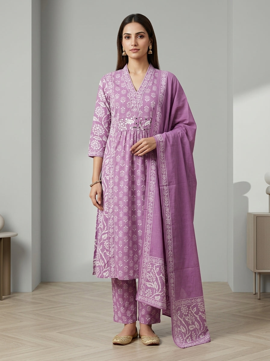 Purple Cotton Kurta Pant Set with Dupatta-800301