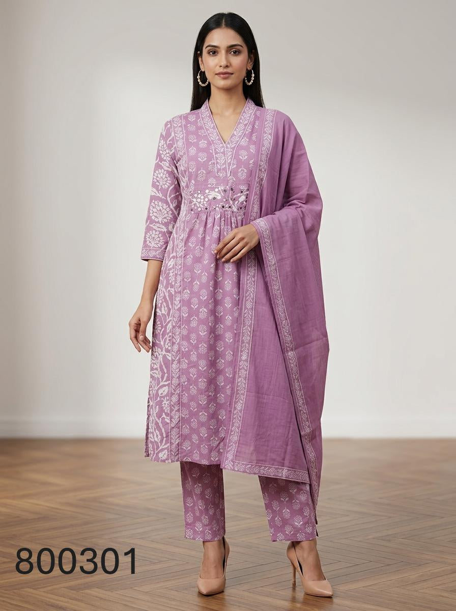 Purple Cotton Kurta Pant Set with Dupatta-800301