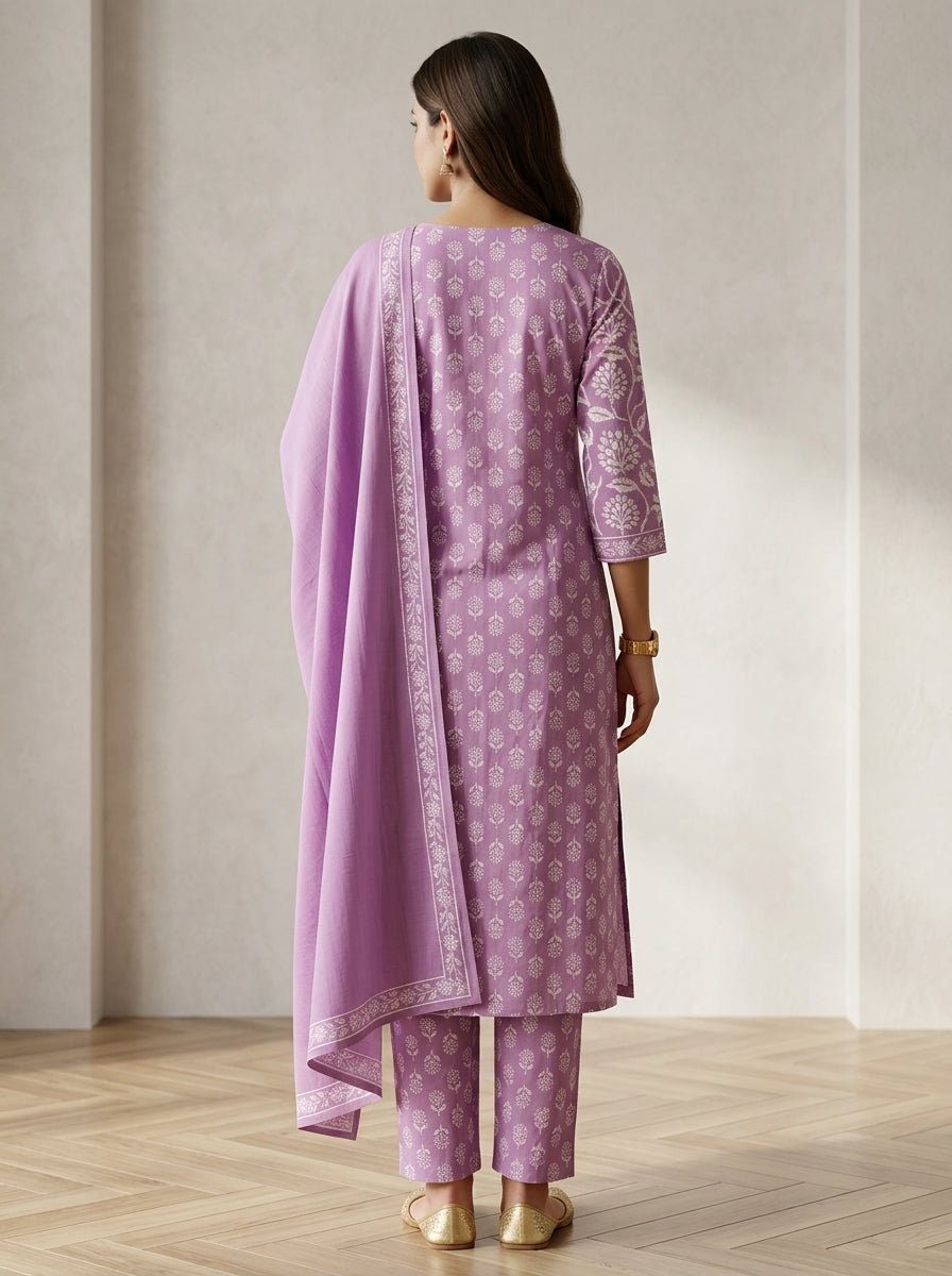 Purple Cotton Kurta Pant Set with Dupatta-800301