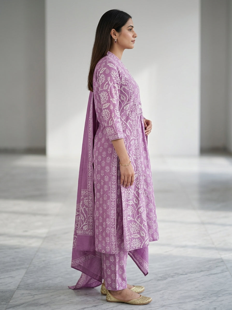 Purple Cotton Kurta Pant Set with Dupatta-800301