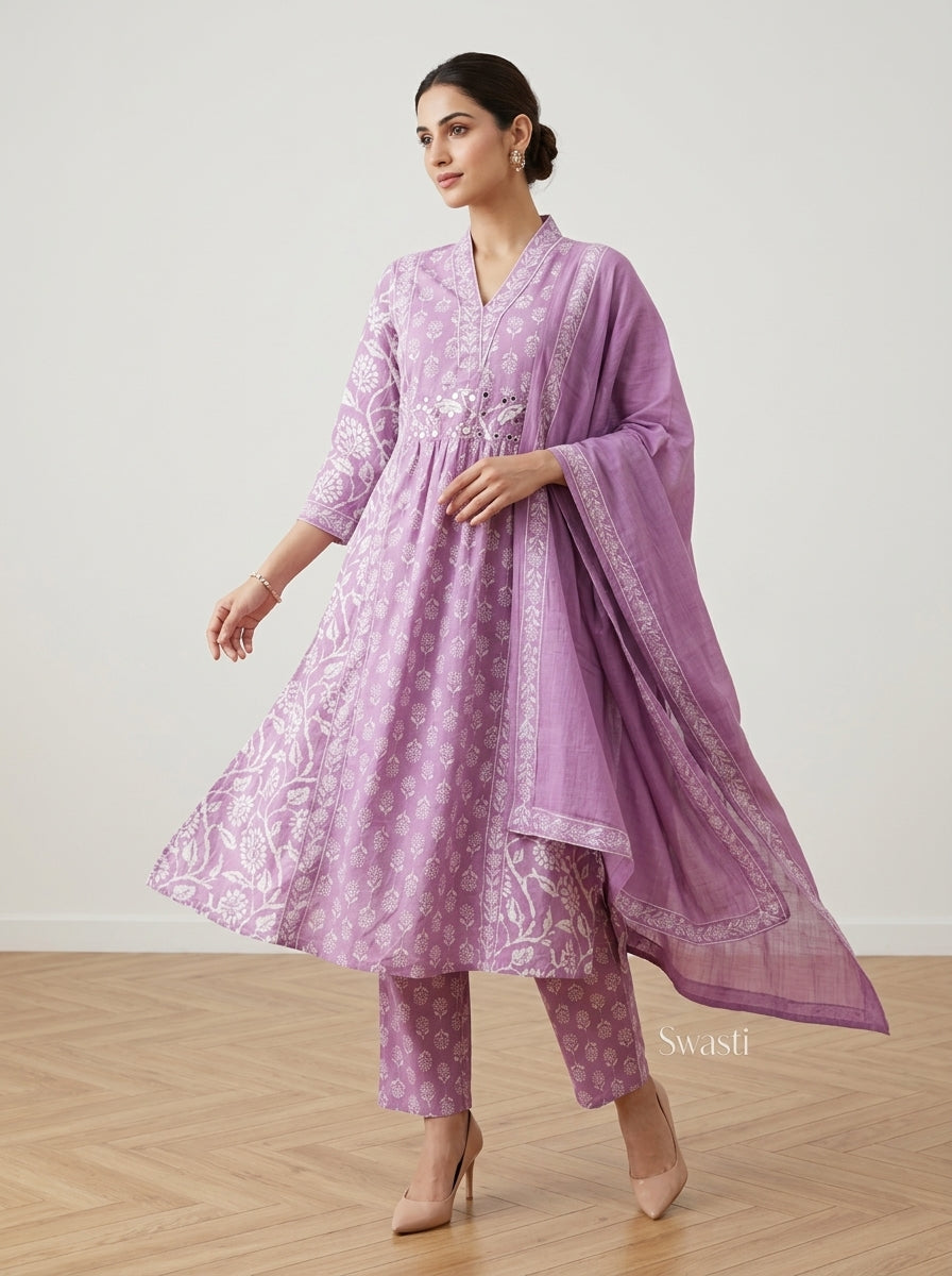 Purple Cotton Kurta Pant Set with Dupatta-800301