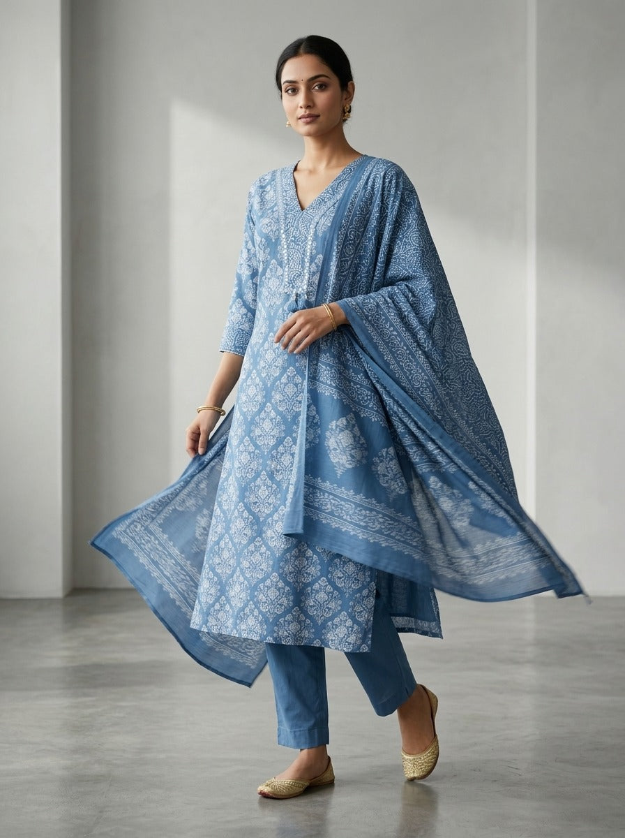Blue Cotton Kurta Pant Set with Dupatta-800307