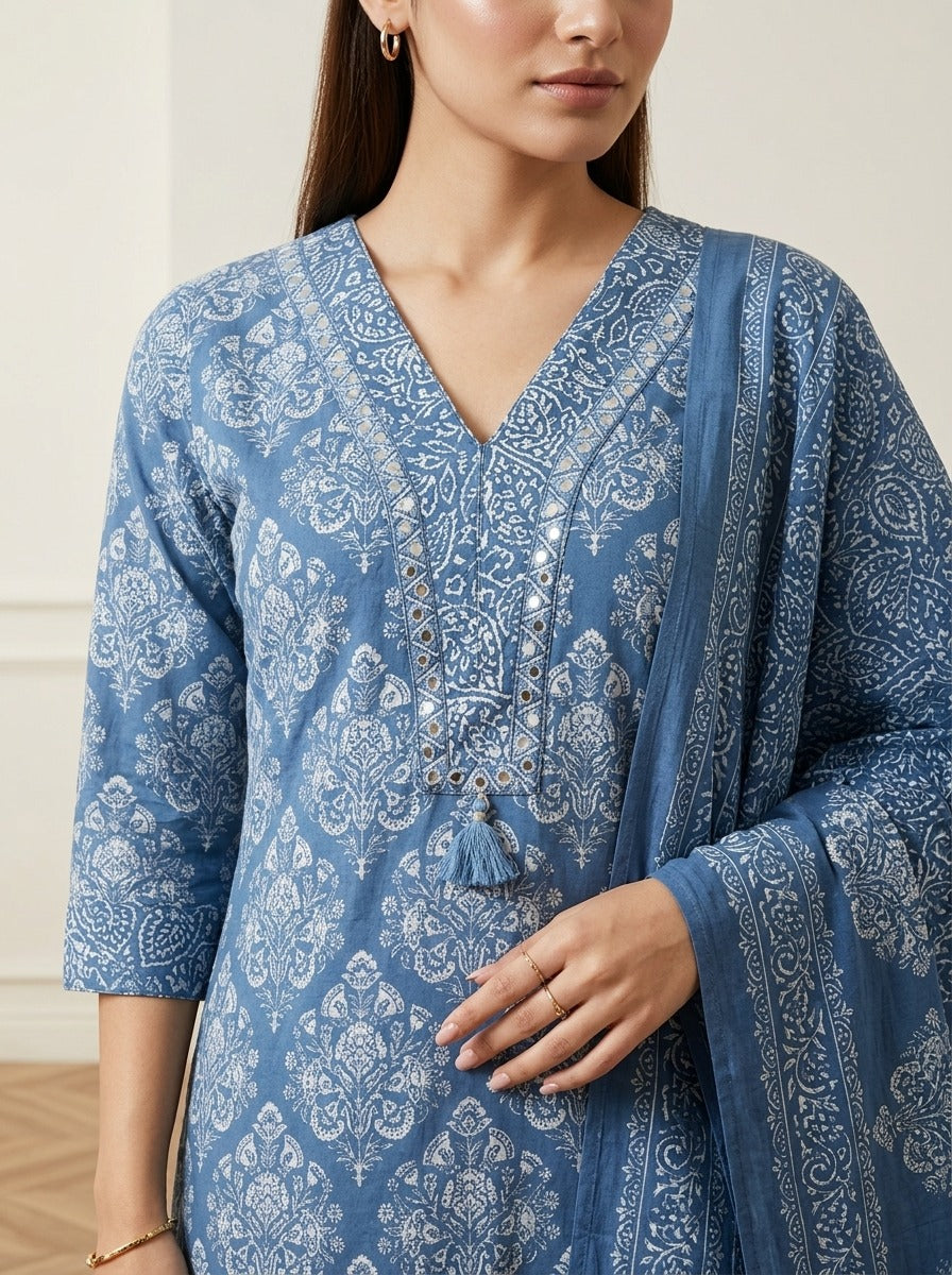 Blue Cotton Kurta Pant Set with Dupatta-800307