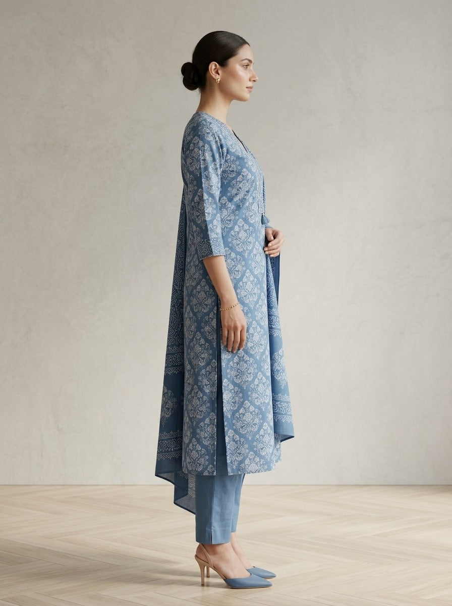Blue Cotton Kurta Pant Set with Dupatta-800307