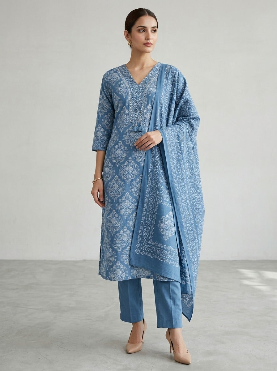 Blue Cotton Kurta Pant Set with Dupatta-800307