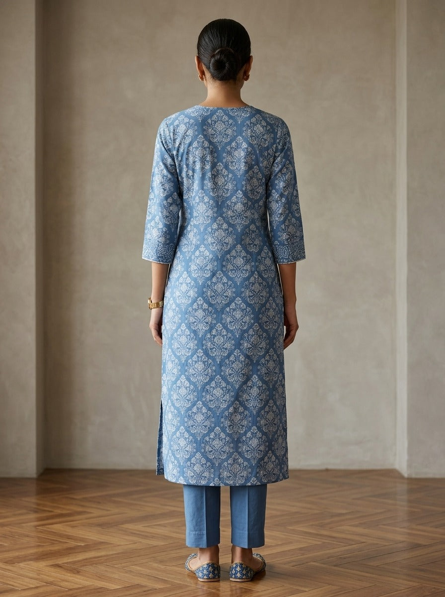 Blue Cotton Kurta Pant Set with Dupatta-800307