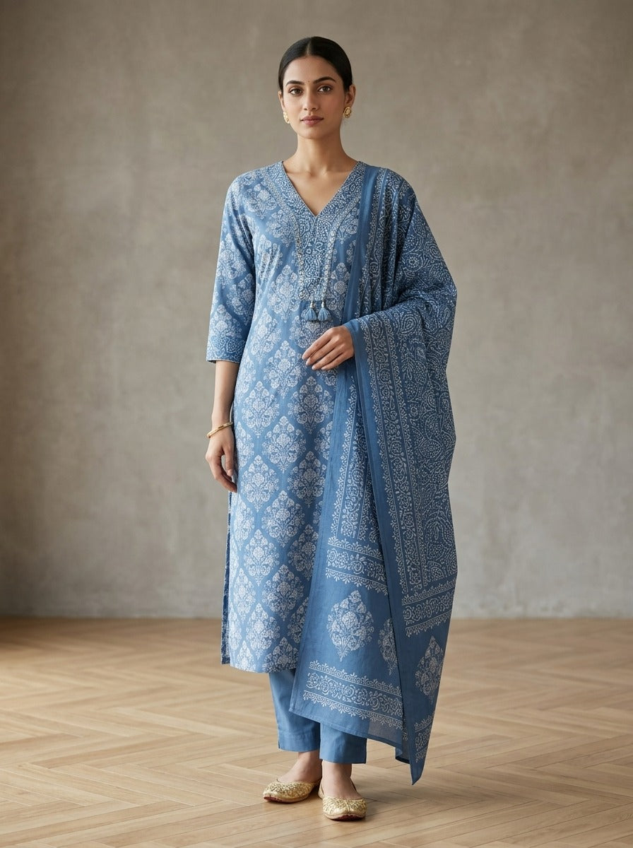 Blue Cotton Kurta Pant Set with Dupatta-800307