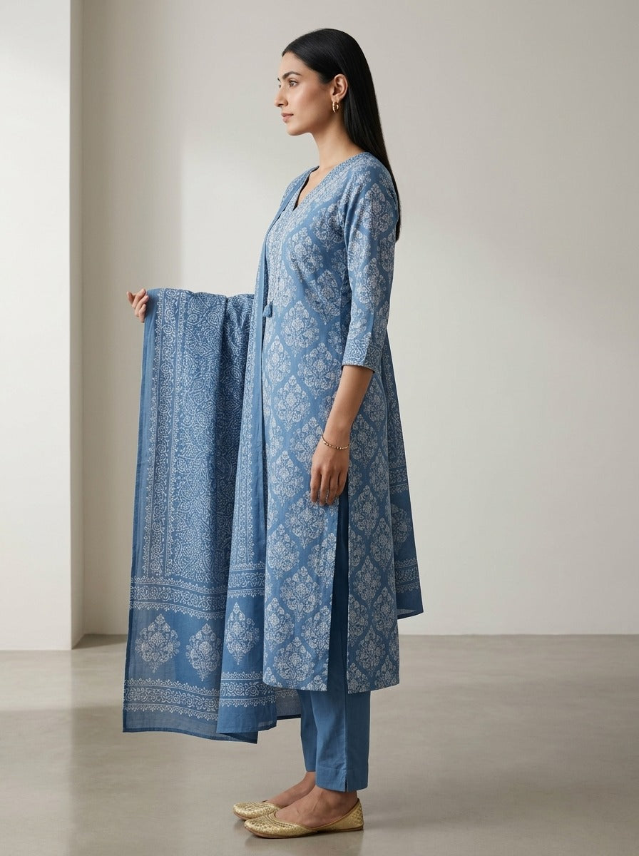 Blue Cotton Kurta Pant Set with Dupatta-800307