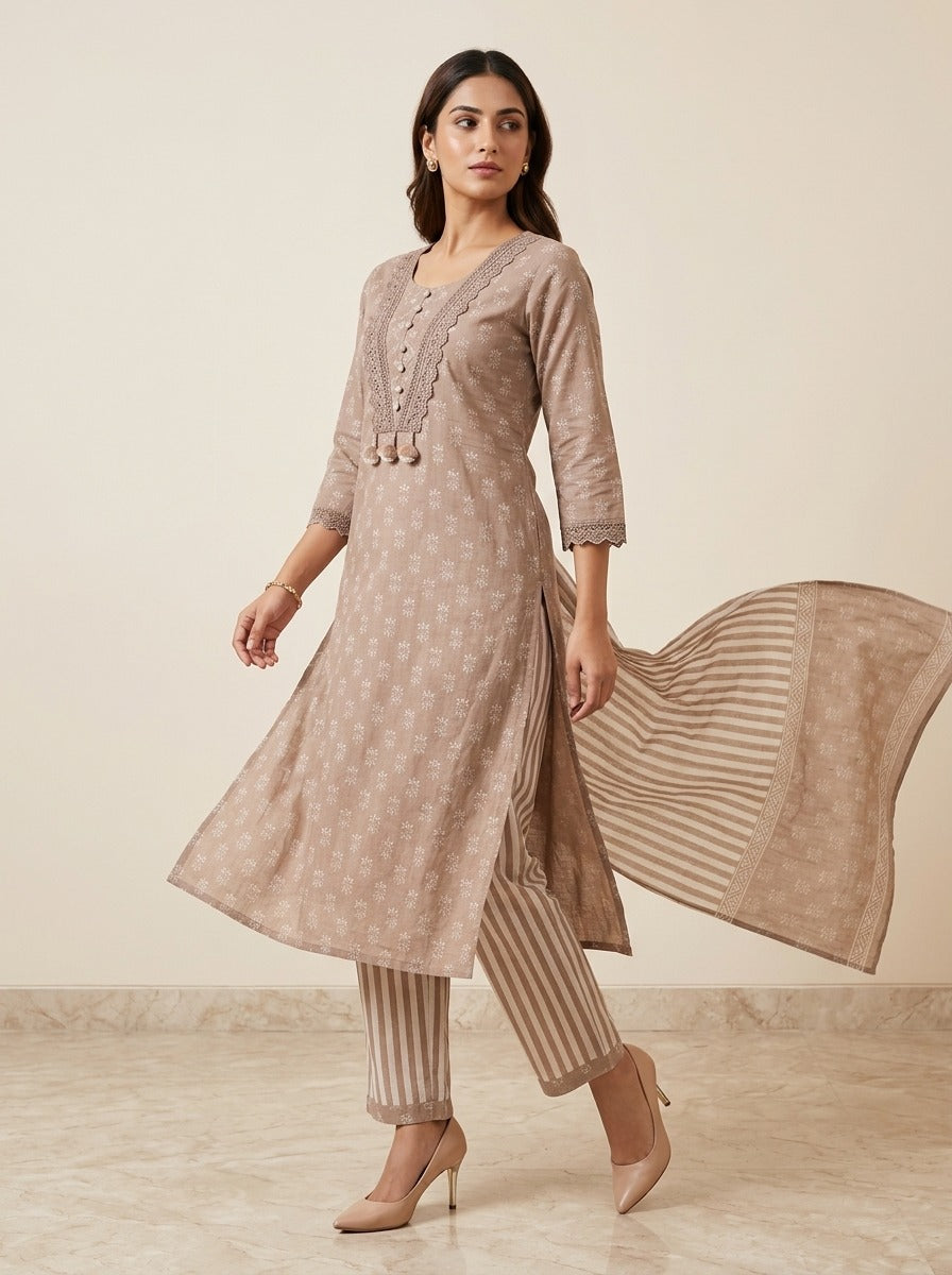 Beige Cotton Kurta Pant Set with Dupatta-800309