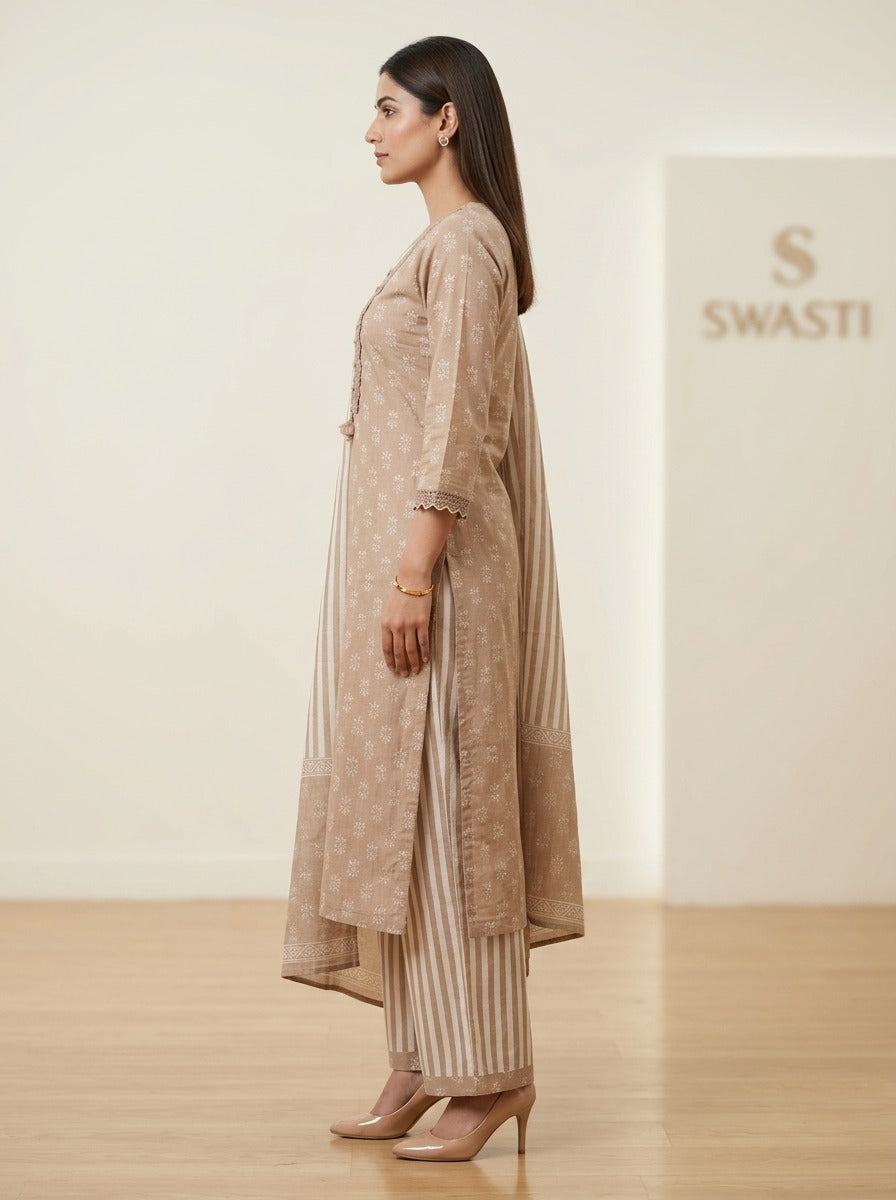 Beige Cotton Kurta Pant Set with Dupatta-800309