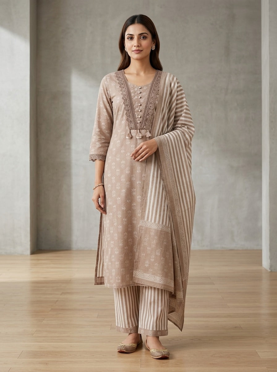 Beige Cotton Kurta Pant Set with Dupatta-800309