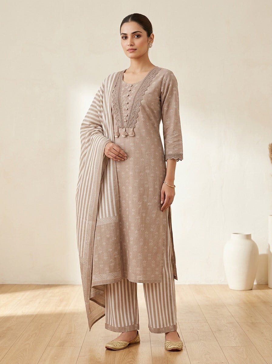 Beige Cotton Kurta Pant Set with Dupatta-800309