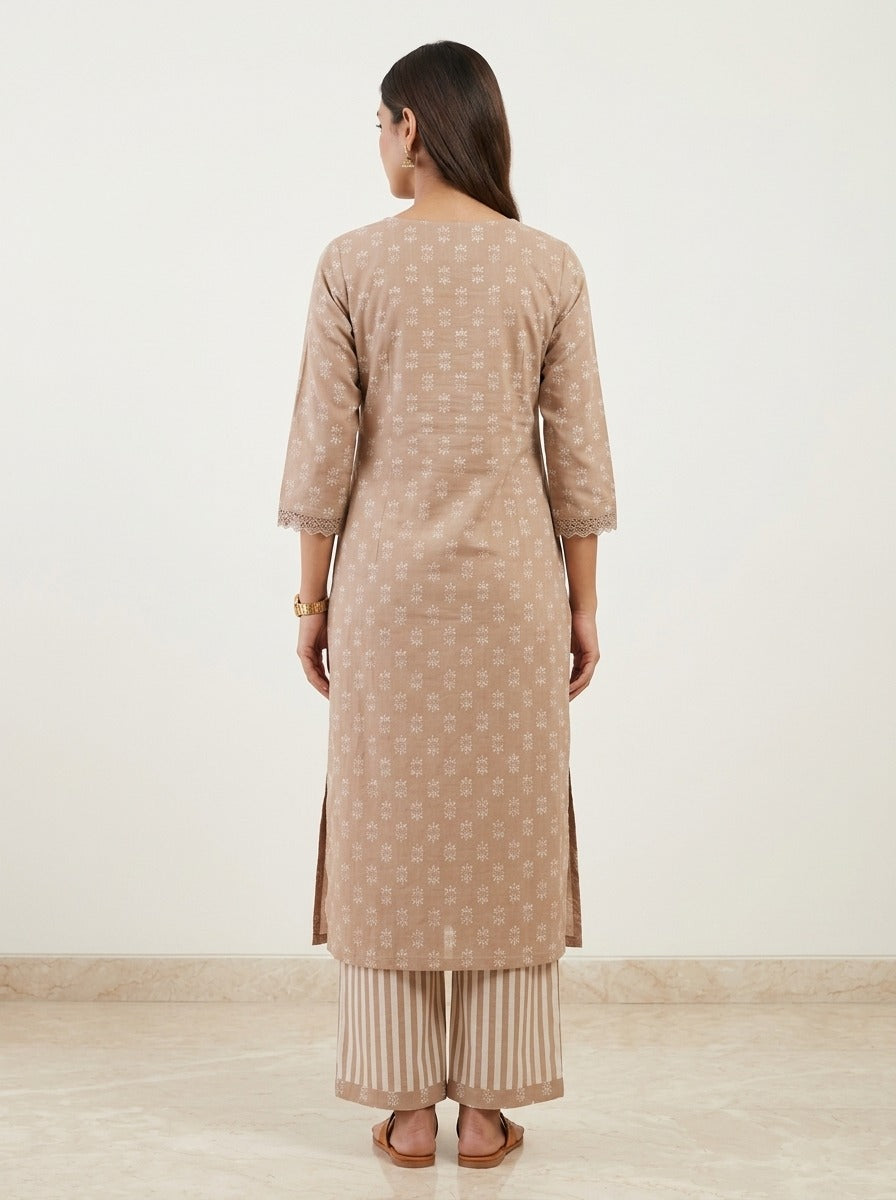 Beige Cotton Kurta Pant Set with Dupatta-800309