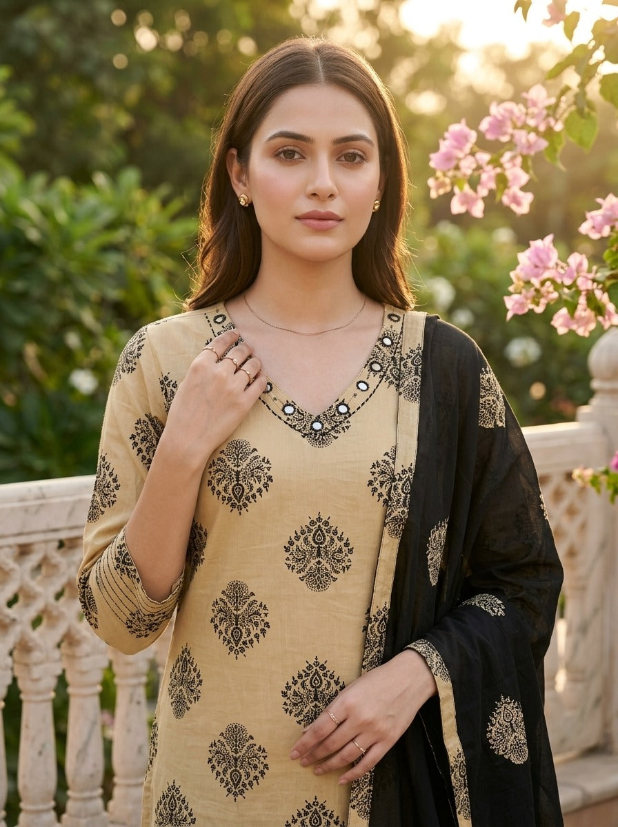 Black Cotton Kurta Pant Set with Dupatta-800320