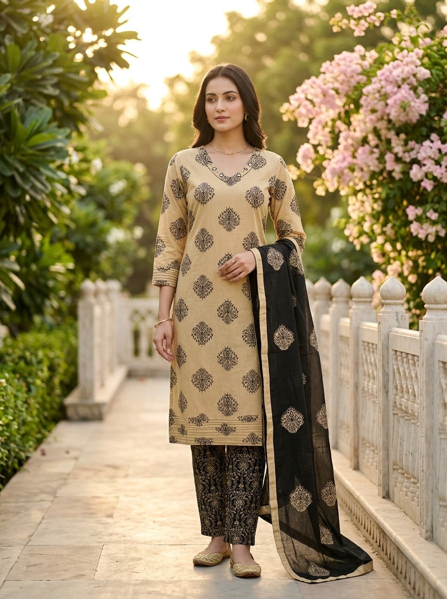 Black Cotton Kurta Pant Set with Dupatta-800320
