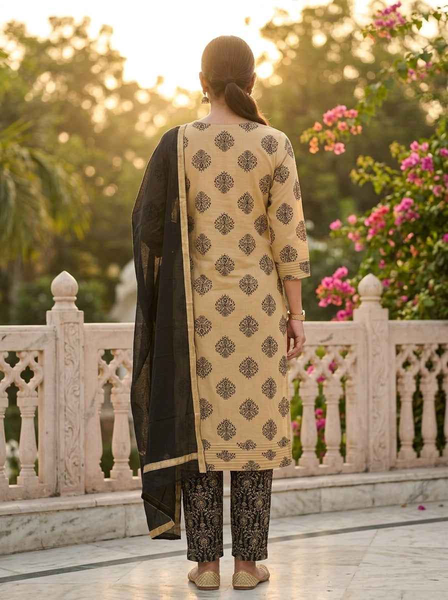 Black Cotton Kurta Pant Set with Dupatta-800320