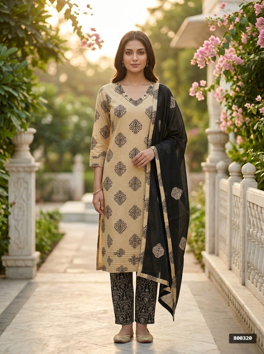 Black Cotton Kurta Pant Set with Dupatta-800320