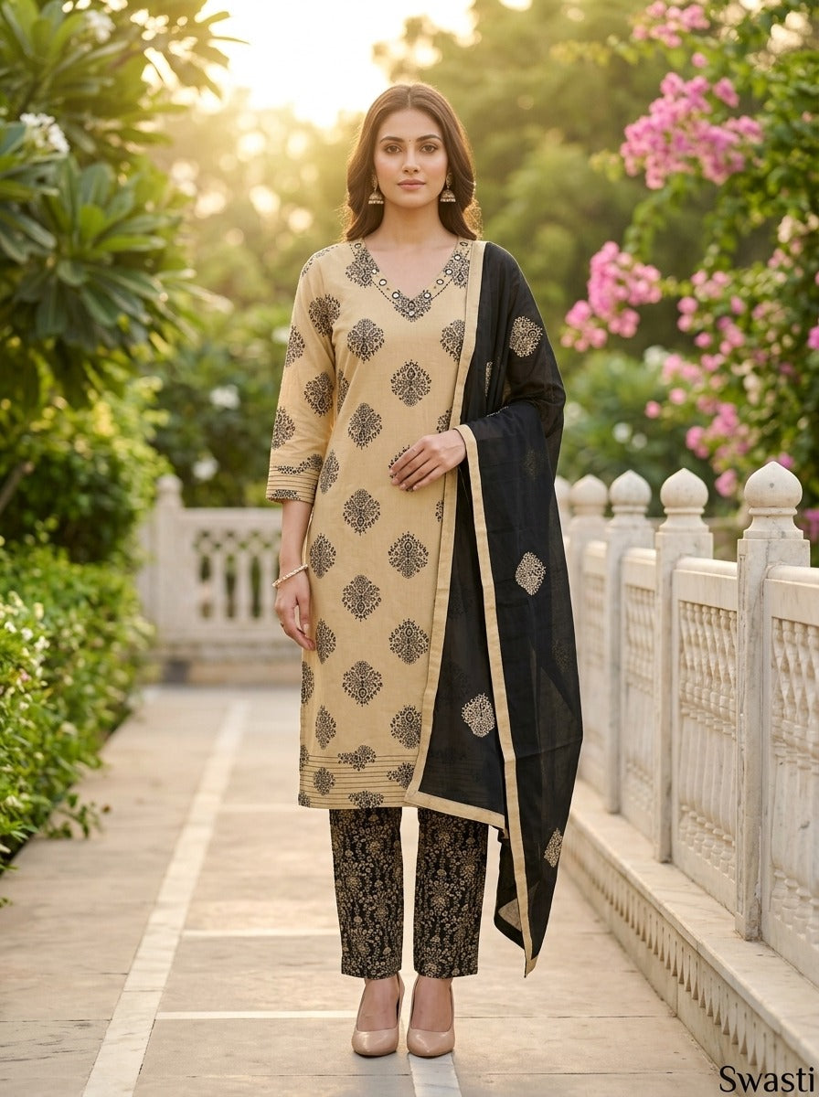 Black Cotton Kurta Pant Set with Dupatta-800320
